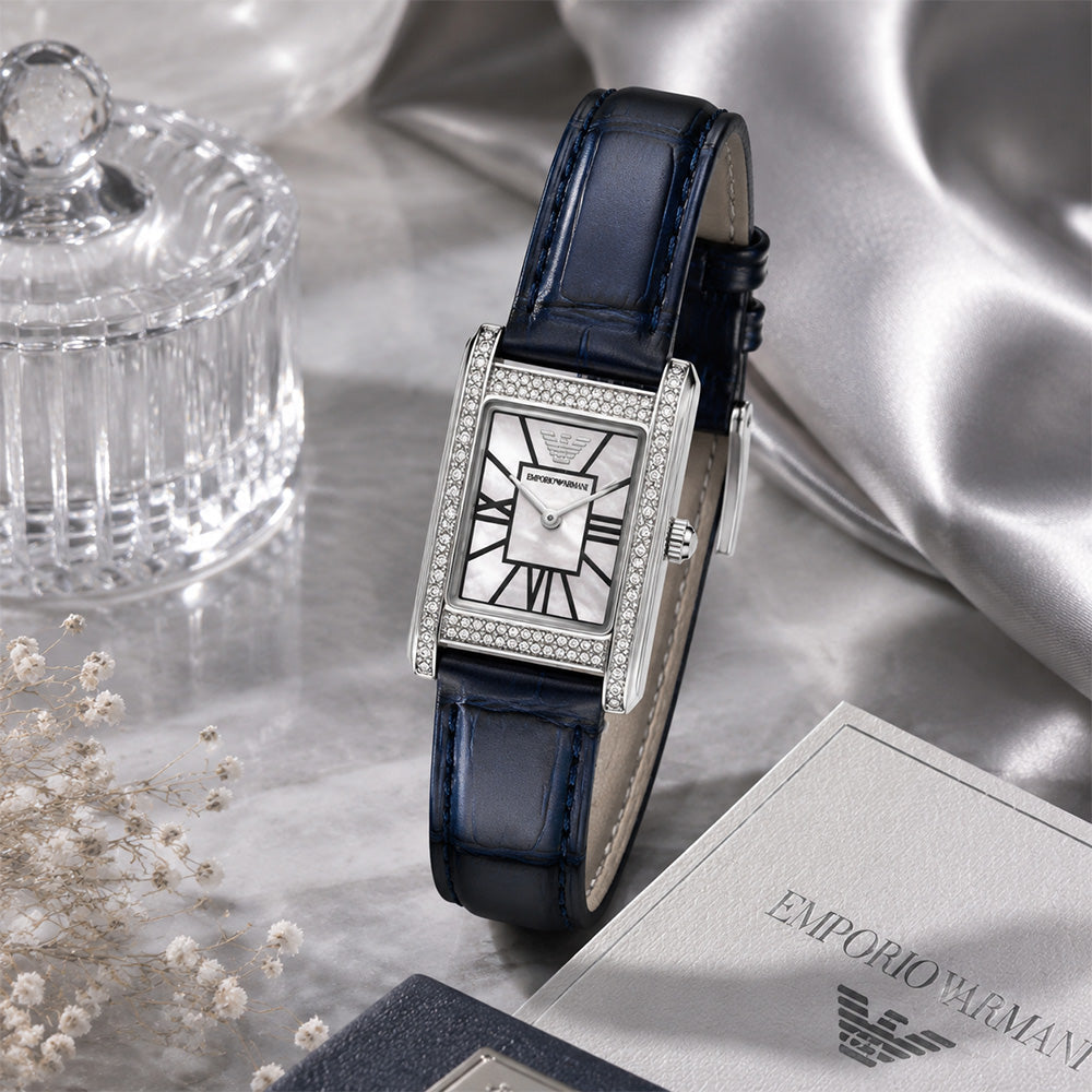 Emporio Armani Genni White Dial Blue Leather Strap Watch for Women - AR11718
