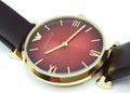 Emporio Armani Gianni T Bar Burgundy Dial Burgundy Leather Strap Watch For Women - AR1757
