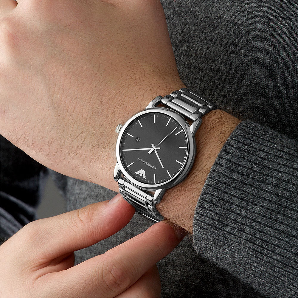 Emporio Armani Luigi Quartz Black Dial Silver Steel Strap Watch For Men - AR2499