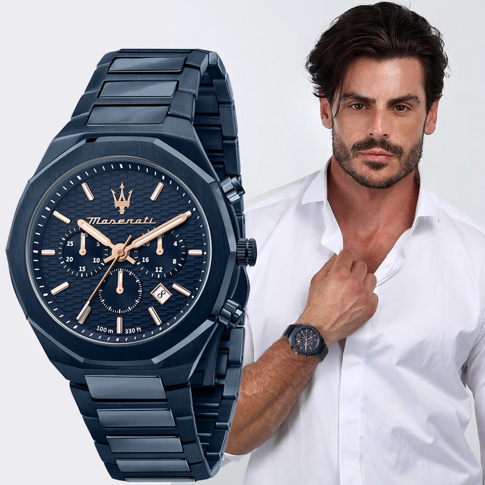Maserati Stile Chronograph Blue Dial Blue Steel Strap Watch For Men - R8873642008
