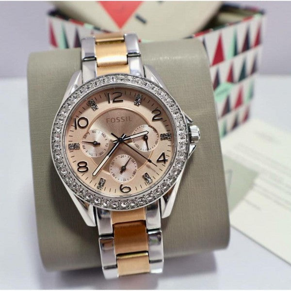 Fossil Riley Multifunction Rose Gold Dial Two Tone Steel Strap Watch for Women - ES4145