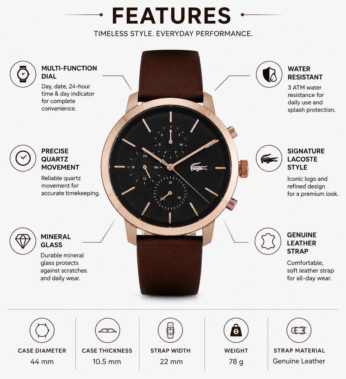 Lacoste Replay Chronograph Black Dial Brown Leather Strap Watch for Men - 2011257