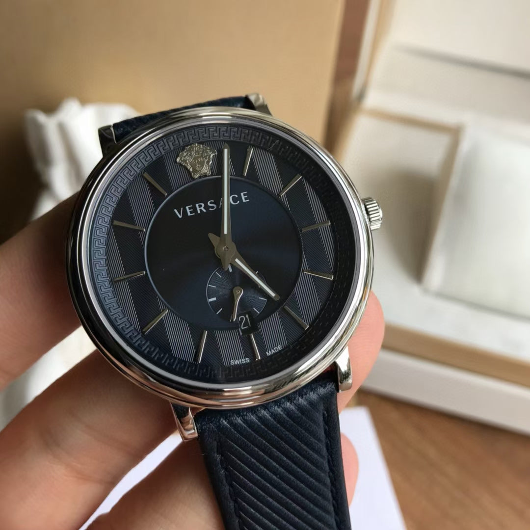 Versace Menifesto Quartz Blue Dial Blue Leather Strap Watch For Men - VBQ01017