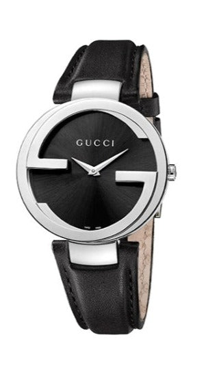 Gucci G Interlocking Black Dial Black Leather Strap Watch For Women - YA133501