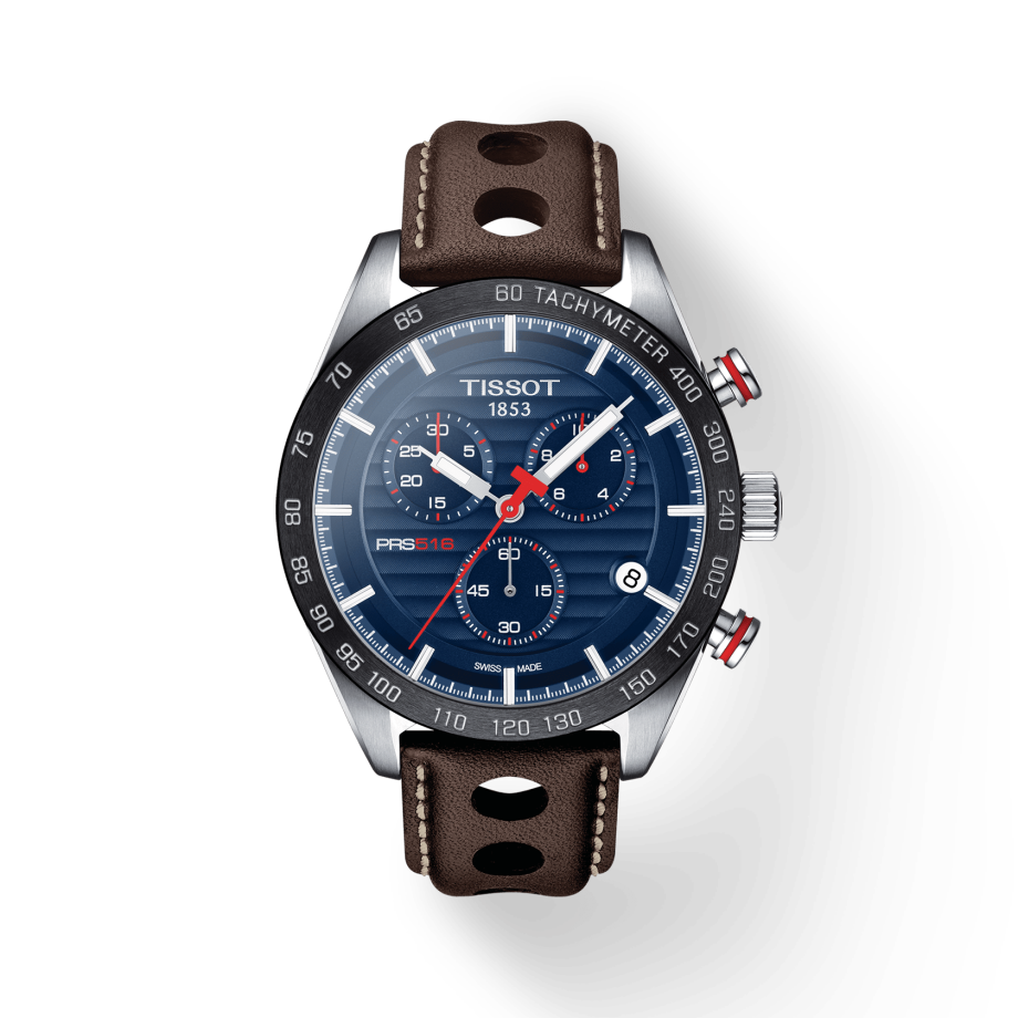 Tissot PRS 516 Chronograph Blue Dial Brown Leather Strap Watch For Men - T100.417.16.041.00
