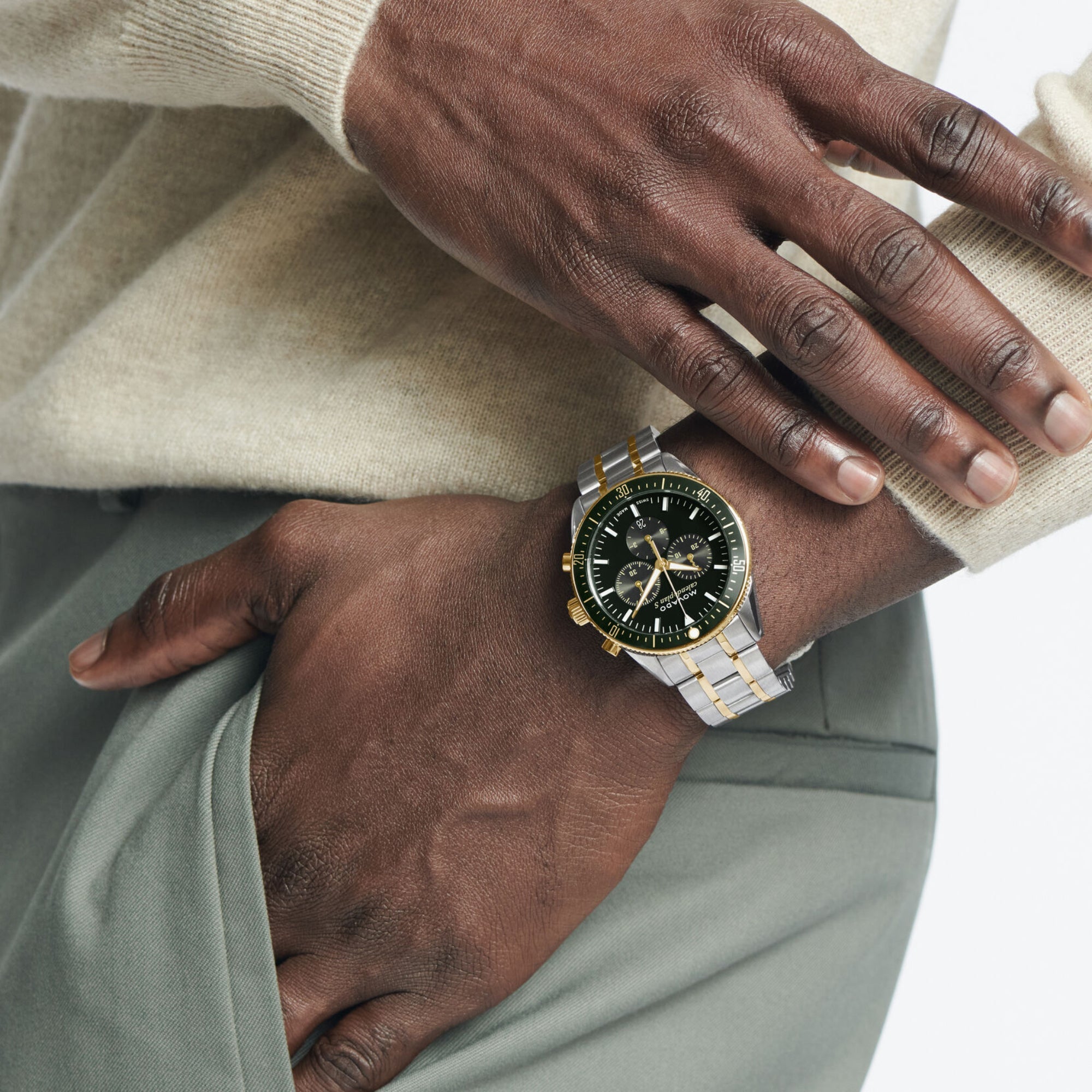 Movado Heritage Calendoplan Chronograph Green Dial Two Tone Steel Strap Watch For Men - 3650167