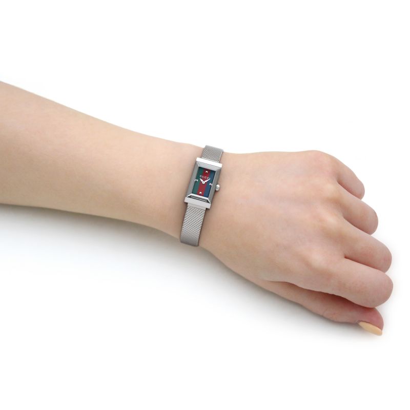 Gucci G Frame Quartz Diamonds Green & Red Mother of Pearl Dial Silver Mesh Bracelet Watch For Women - YA147510