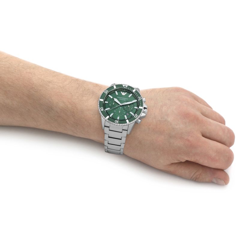 Emporio Armani Diver Chronograph Green Dial Silver Steel Strap Watch For Men - AR11500