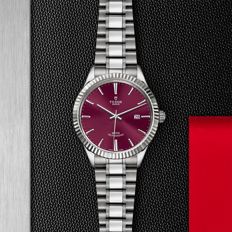 Tudor Style Automatic Burgundy Red Dial Silver Steel Strap Watch for Men - M12710-0015
