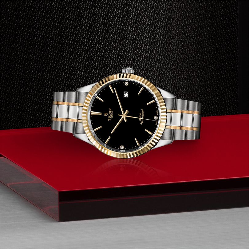 Tudor Style Automatic Diamonds Black Dial Two Tone Steel Strap Watch for Men - M12713-00011