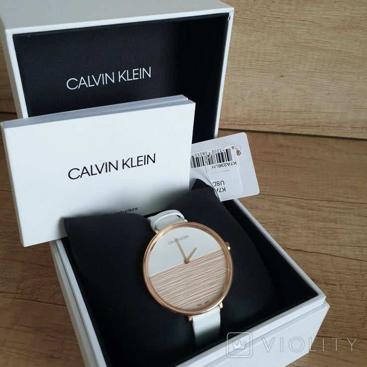 Calvin Klein Rise White Dial White Leather Strap Watch for Women - K7A236LH