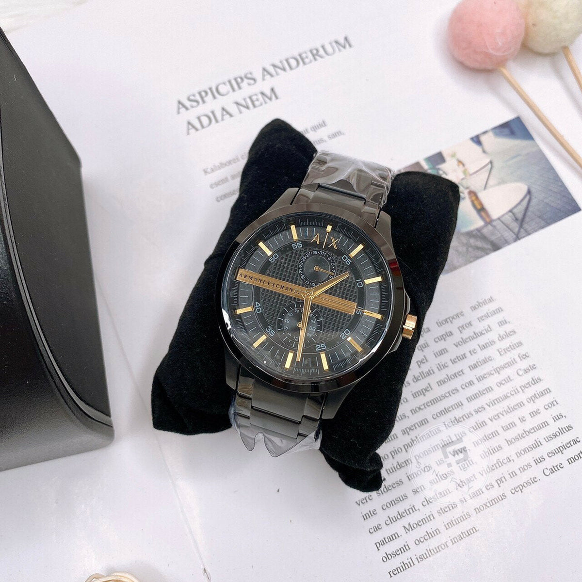 Armani Exchange Hampton Chronograph Black Dial Black Steel Strap Watch For Men - AX2121