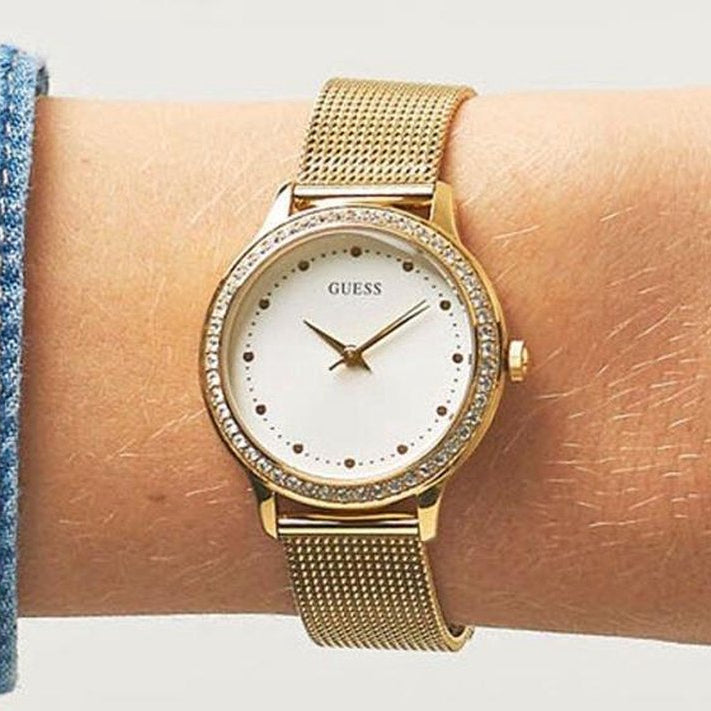 Guess Chelsea Crystals Mother of Pearl White Dial Gold Mesh Bracelet Watch For Women - W0647L7