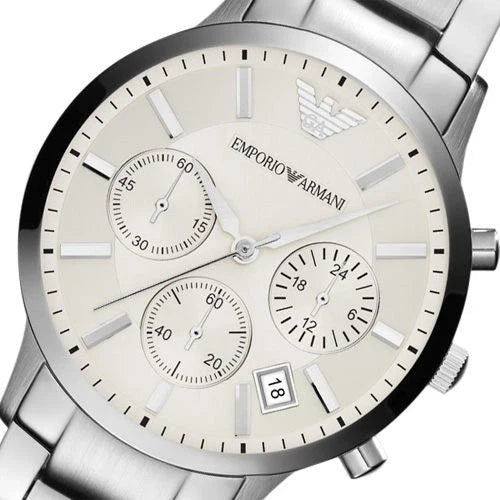 Emporio Armani Renato Chronograph White Dial Silver Steel Strap Watch for Women  - AR2459
