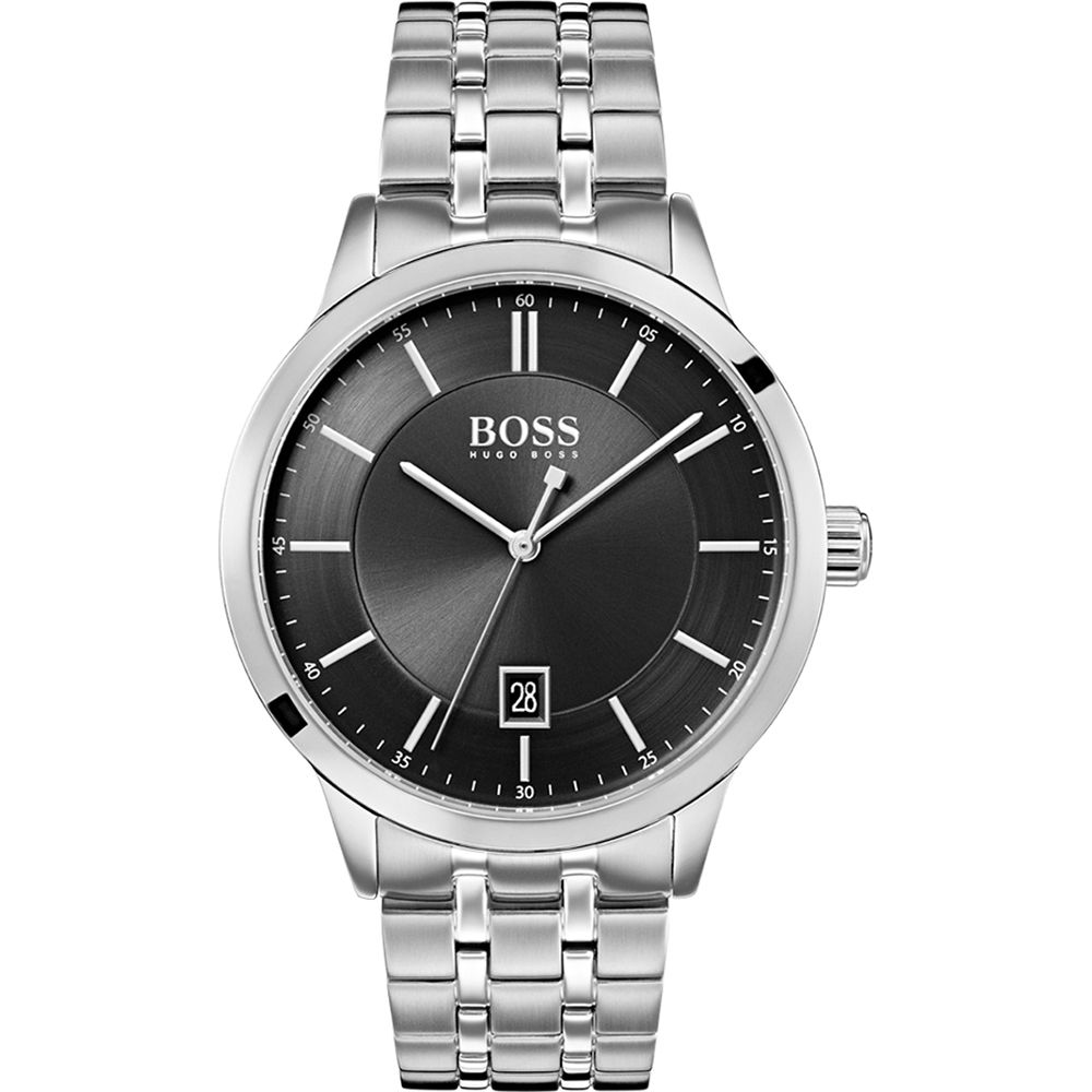 Hugo Boss Officer Black Dial Silver Steel Strap Watch for Men - 1513614