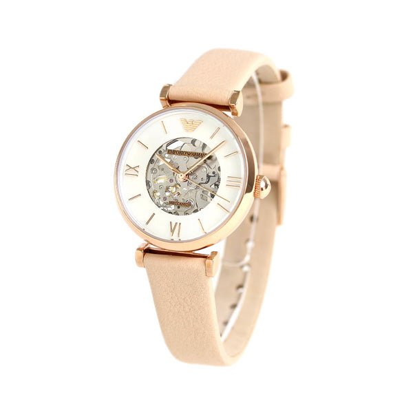 Emporio Armani Meccanico Silver Skeleton Dial Beige Leather Strap Watch For Women - AR60001