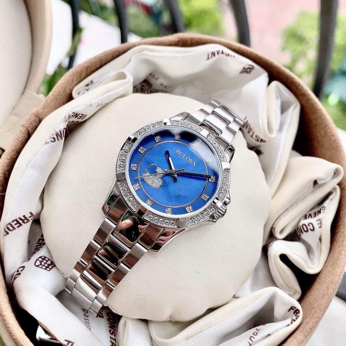 Bulova Crystal Collection Blue Mother of Pearl Dial Silver Steel Strap Watch for Women - 96L238