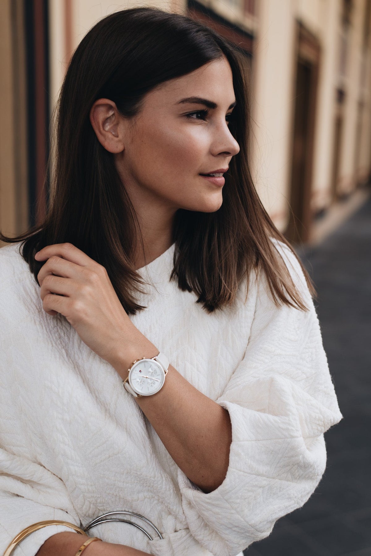 Tommy Hilfiger Carly Silver Dial Cream Leather Strap Watch for Women - 1781790