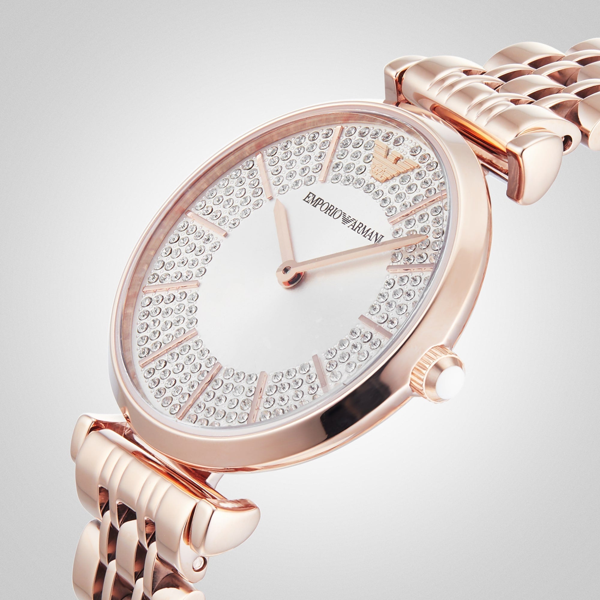 Emporio Armani Gianni T-Bar Crystals Silver Dial Rose Gold Steel Strap Watch For Women - AR11446