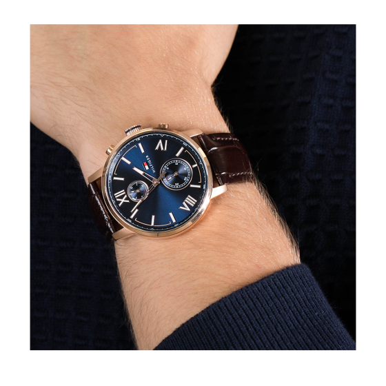 Tommy Hilfiger Aiden Quartz Blue Dial Brown Leather Strap Watch for Men - 1791308