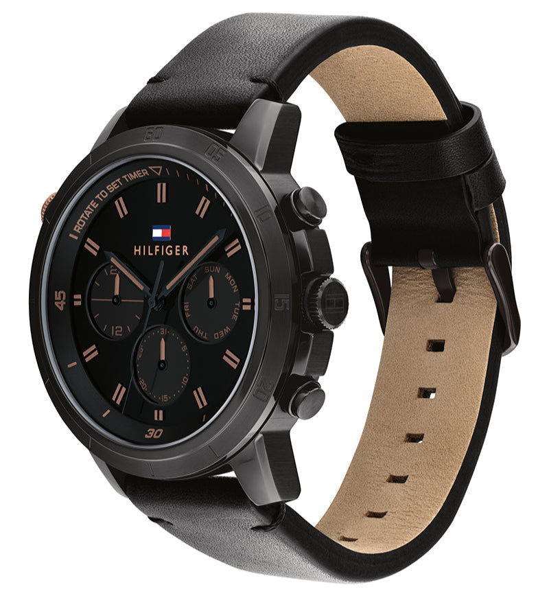 Tommy Hilfiger Troy Chronograph Black Dial Black Leather Strap Watch For Men - 1792110