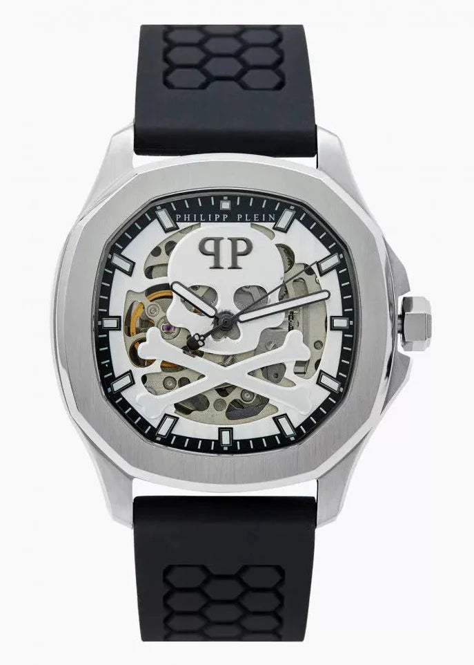 Philipp Plein High-Conic Automatic Silver Dial Black Silicone Strap Watch For Men- PWRAA0123
