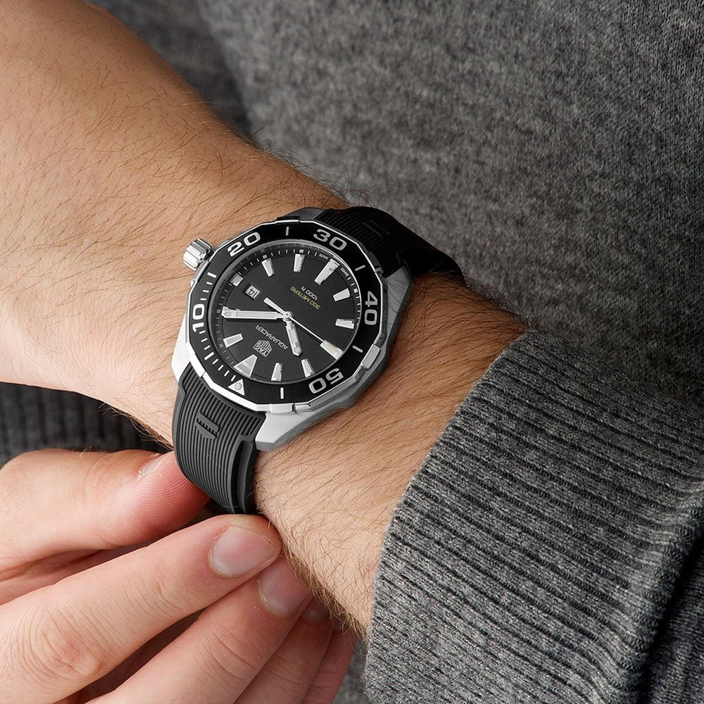 Tag Heuer Aquaracer Quartz Black Dial Black Rubber Strap Watch for Men - WAY101A.FT6141