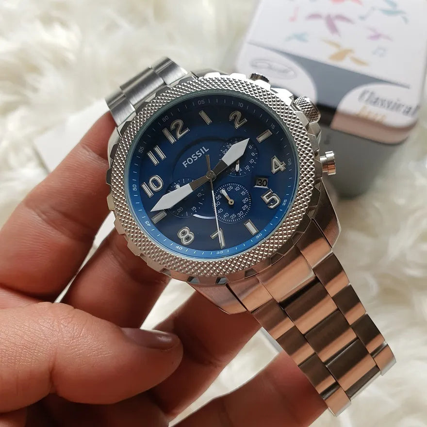 Fossil Bowman Chronograph Blue Dial Silver Steel Strap Watch for Men - FS5604