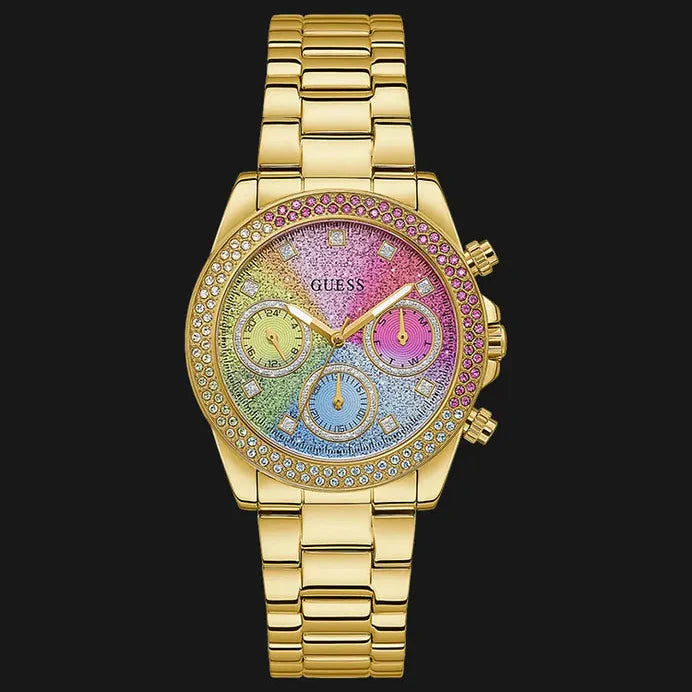 Guess Confetti Chronograph Rainbow Dial Gold Steel Strap Watch For Women  - GW0483L4