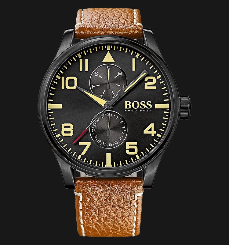 Hugo Boss Aeroliner Maxx Chronograph Black Dial Brown Leather Strap Watch For Men - 1513082