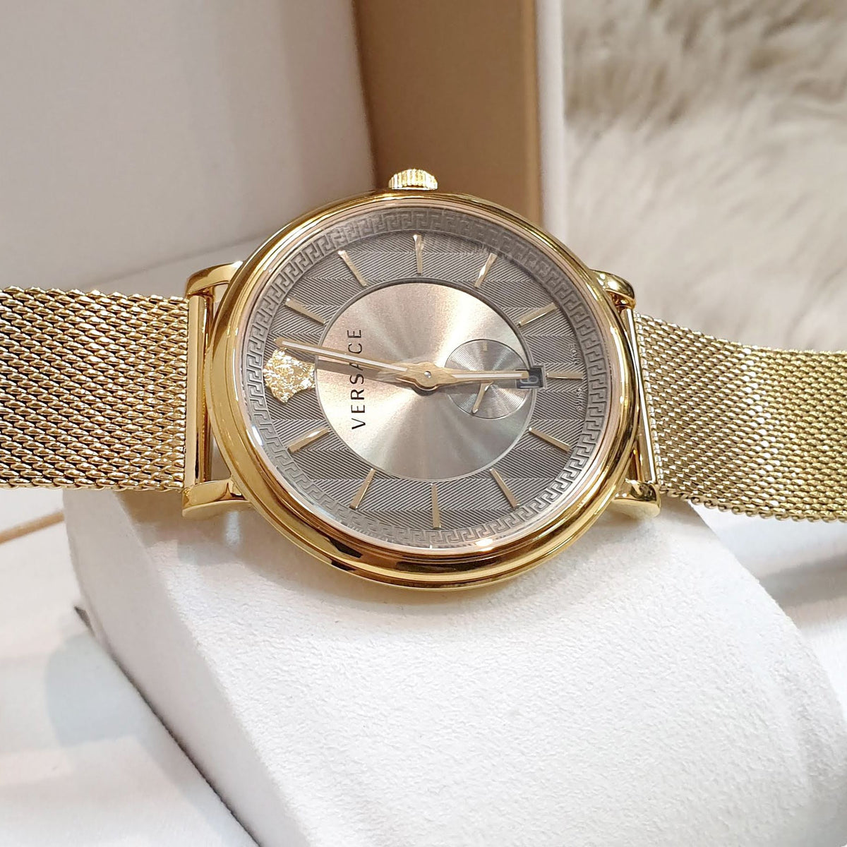 Versace V Circle Quartz Gold Dial Gold Mesh Bracelet Watch For Men - VBQ070017