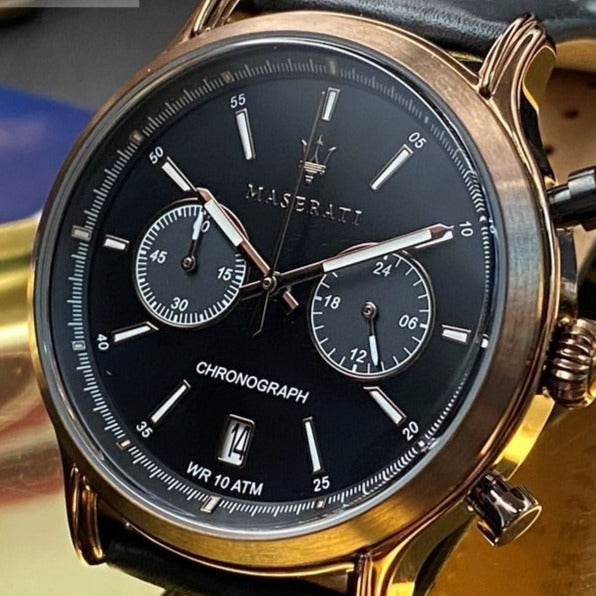 Maserati Legend Chronograph Black Dial Black Leather Strap Watch For Men - R8871638001