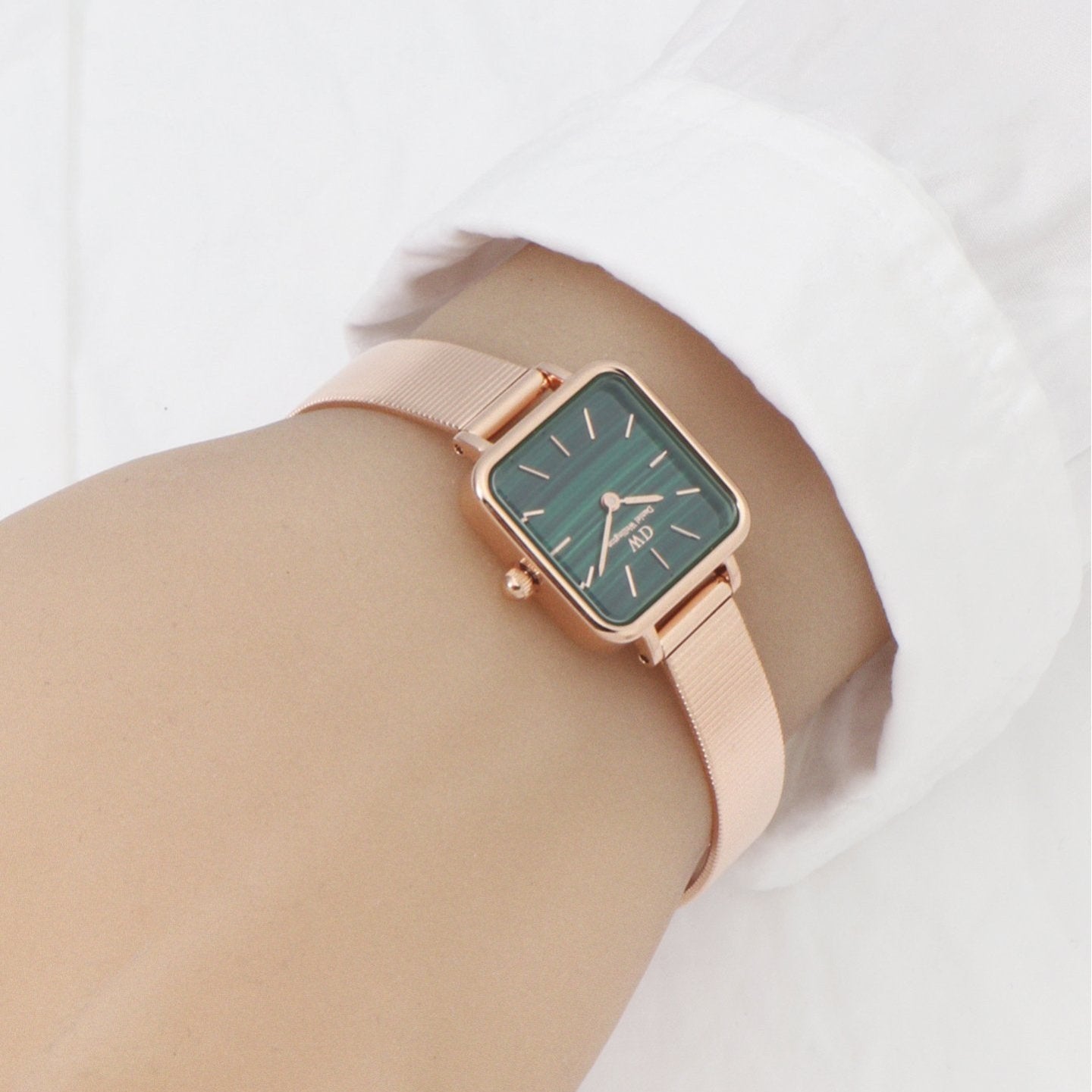 Daniel Wellington Quadro Studio Green Dial Rose Gold Mesh Strap Watch For Women - DW00100520