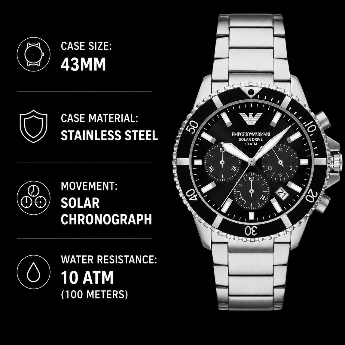 Emporio Armani World Explorer Black Dial Silver Steel Strap Watch for Men - AR11739
