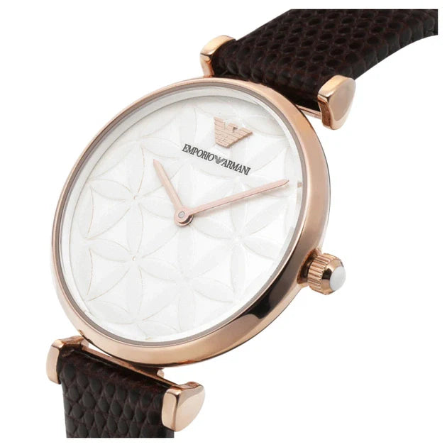 Emporio Armani Gianni T-Bar Silver Dial Brown Leather Strap Watch for Women - AR1990