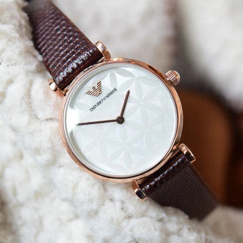 Emporio Armani Gianni T-Bar Silver Dial Brown Leather Strap Watch for Women - AR1990