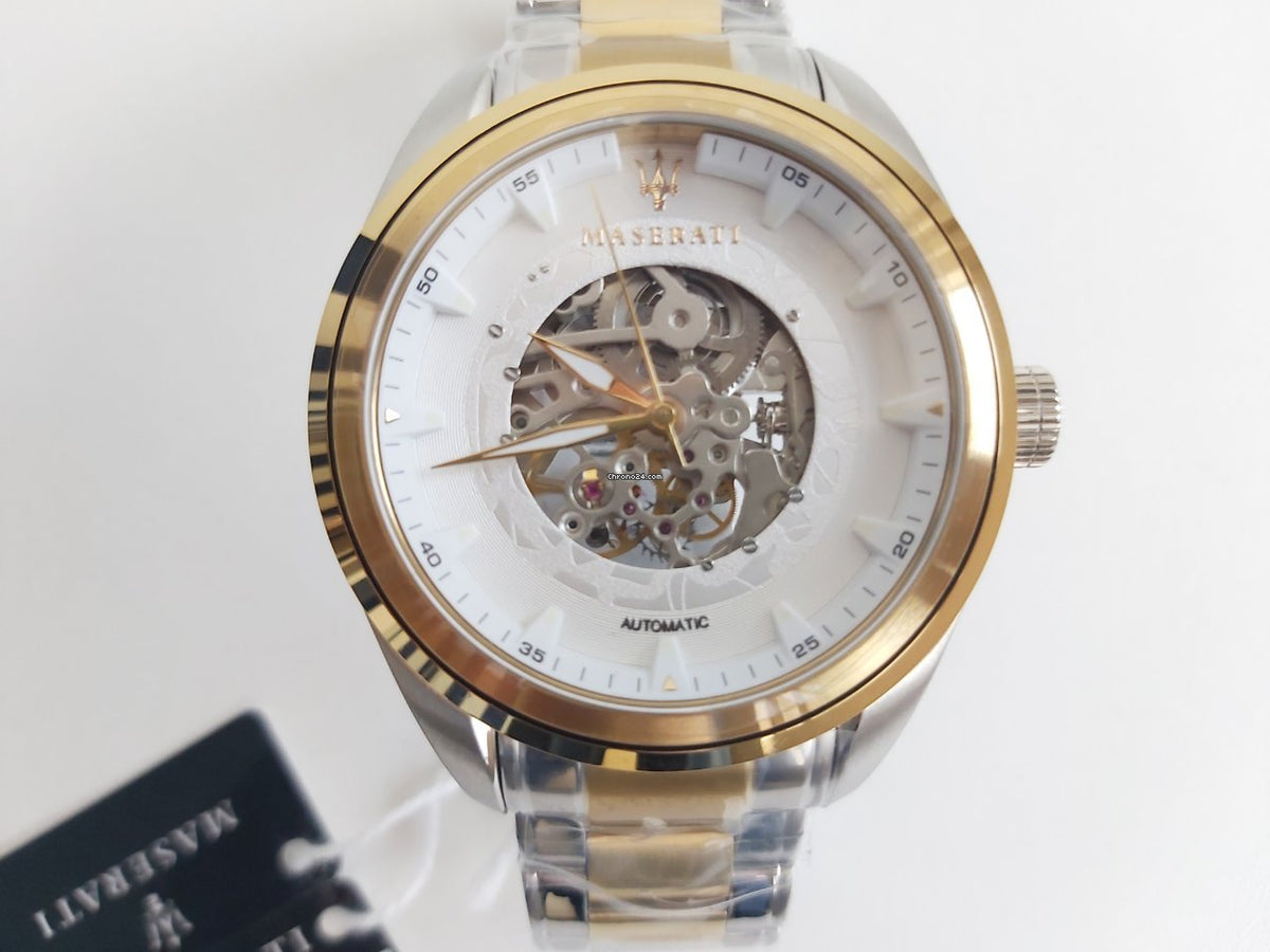 Maserati Traguardo Automatic White Skeleton Dial Two Tone Steel Strap Watch For Men - R8823112003