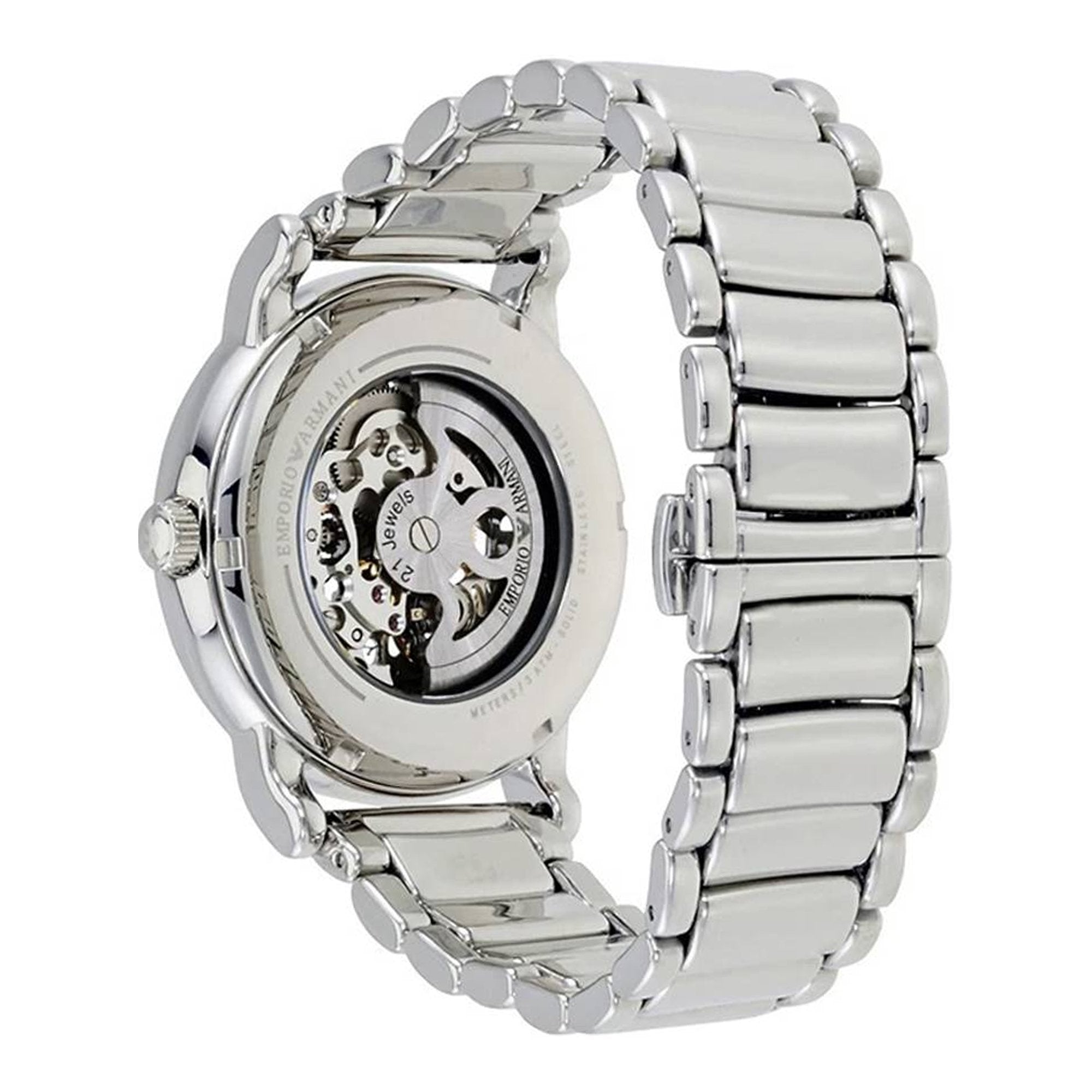 Emporio Armani Meccanico Skeleton Silver Dial Silver Steel Strap Watch For Men - AR1980
