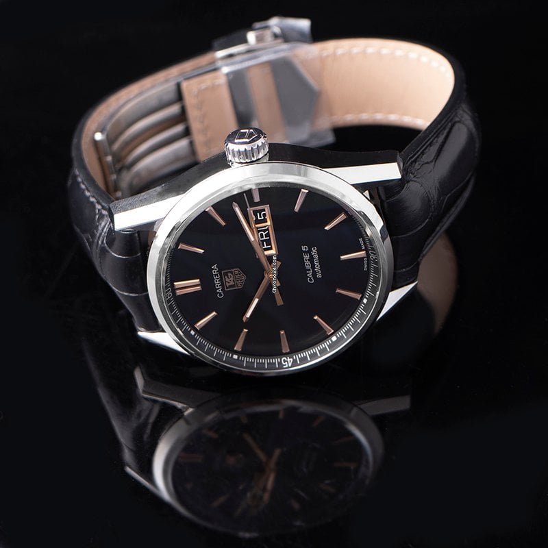 Tag Heuer Carrera Automatic Black Dial Black Leather Strap Watch for Men - WAR201A.FC6266