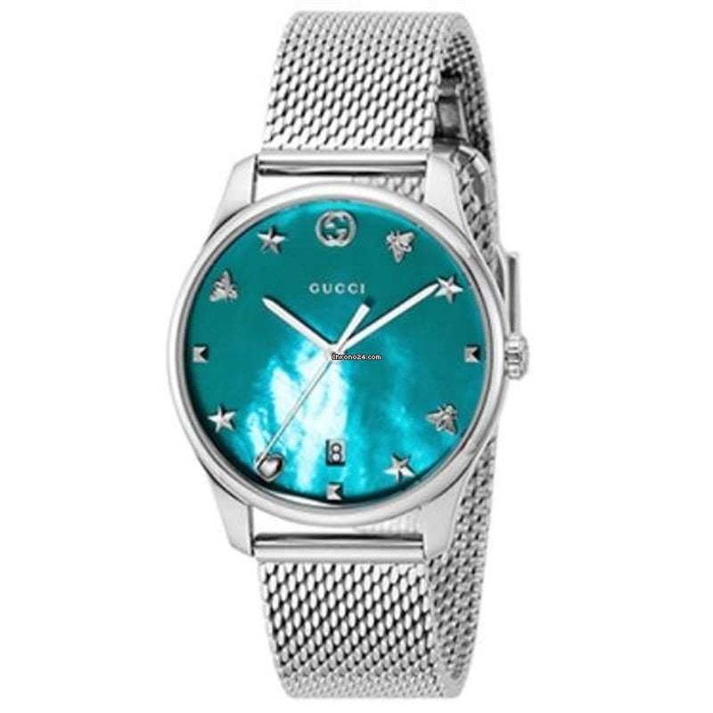 Gucci G-Timeless Turquoise Mother of Pearl Dial Silver Mesh Bracelet Watch For Women - YA126582