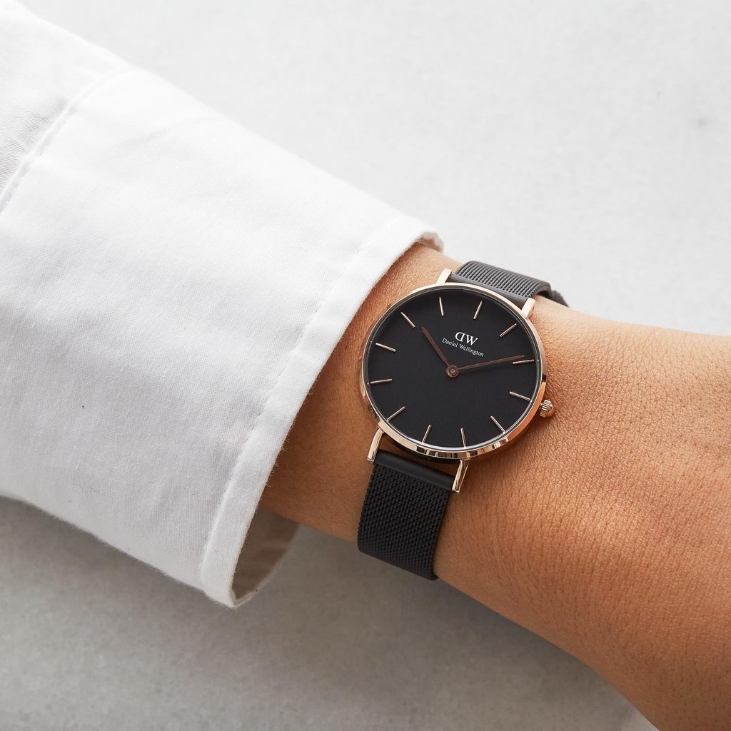 Daniel Wellington Petite Ashfield Black Dial Black Mesh Strap Watch for Women - DW00100307