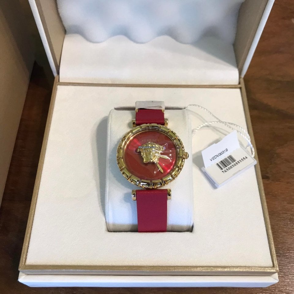Versace Palazzo Empire Greca Red Dial Red Leather Strap Watch for Women - VEDV00319