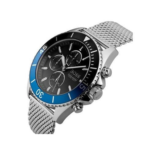 Hugo Boss Ocean Edition Black Dial Silver Mesh Strap Watch for Men - 1513742