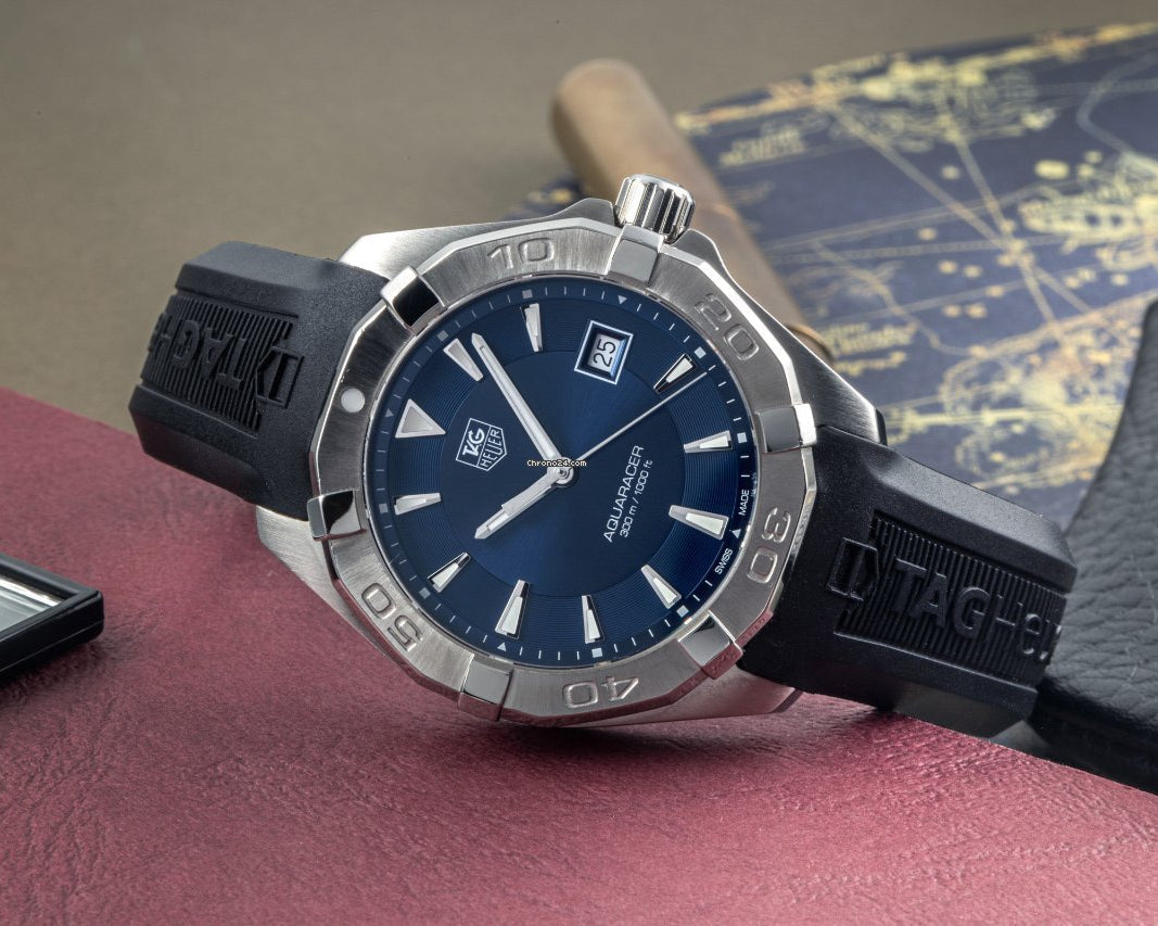 Tag Heuer Aquaracer Quartz Blue Dial Black Rubber Strap Watch for Men - WAY1112.FT8021