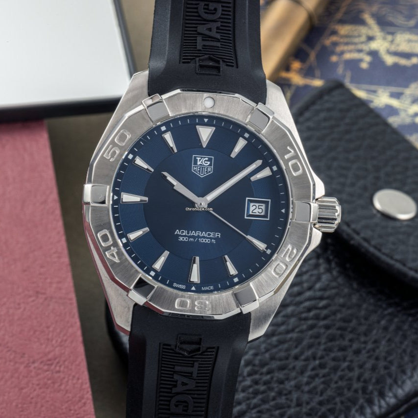 Tag Heuer Aquaracer Quartz Blue Dial Black Rubber Strap Watch for Men - WAY1112.FT8021