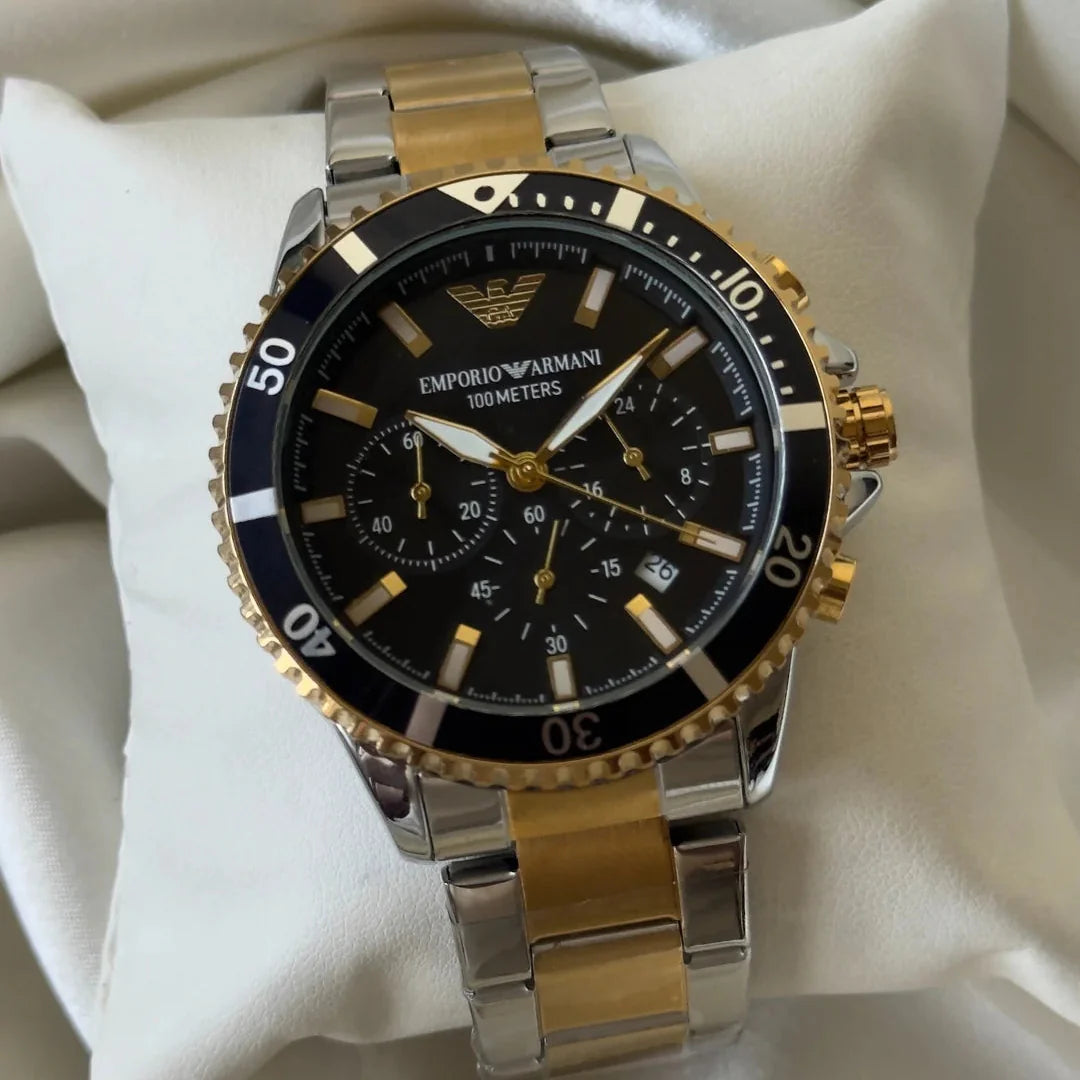 Emporio Armani World Explorer Solar Powered Chronograph Black Dial Two Tone Steel Strap Watch for Men - AR11680