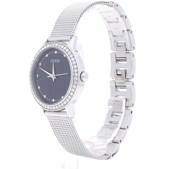 Guess Chelsea Crystals Black Dial Silver Mesh Bracelet Watch For Women  - W0647L5