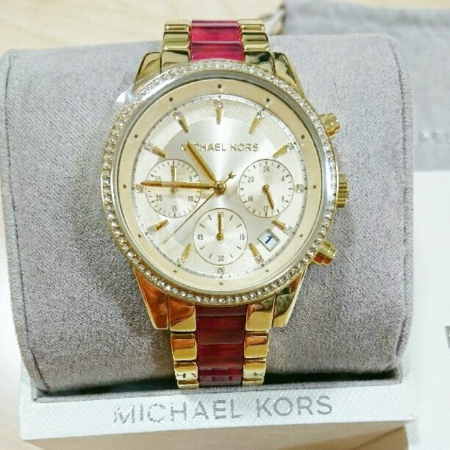 Michael Kors Ritz Chronograph Gold Dial Two Tone Steel Strap Watch For Women - MK6517