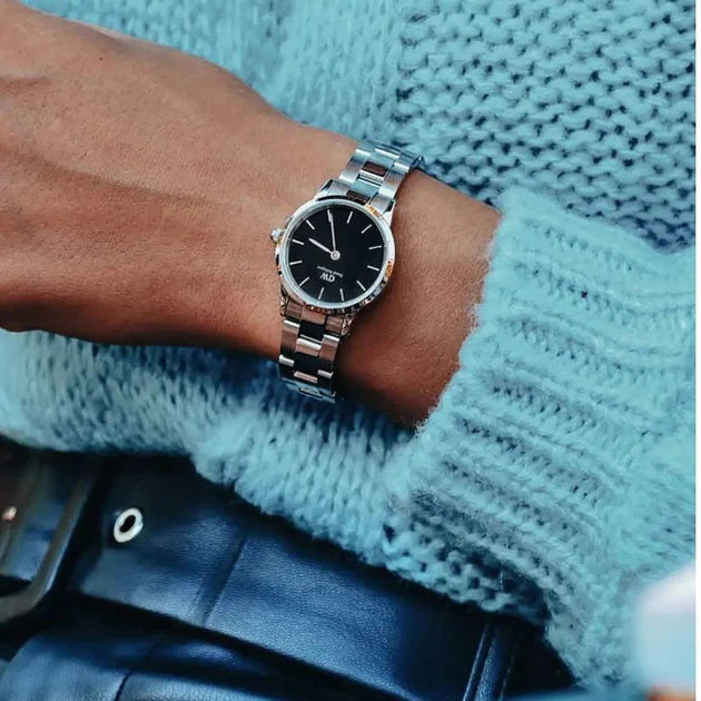 Daniel Wellington Iconic Link Black Dial Silver Steel Strap Watch For Women - DW00100206