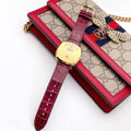 Gucci Grip Quartz Gold Dial Maroon Leather Strap Watch For Women - YA157413
